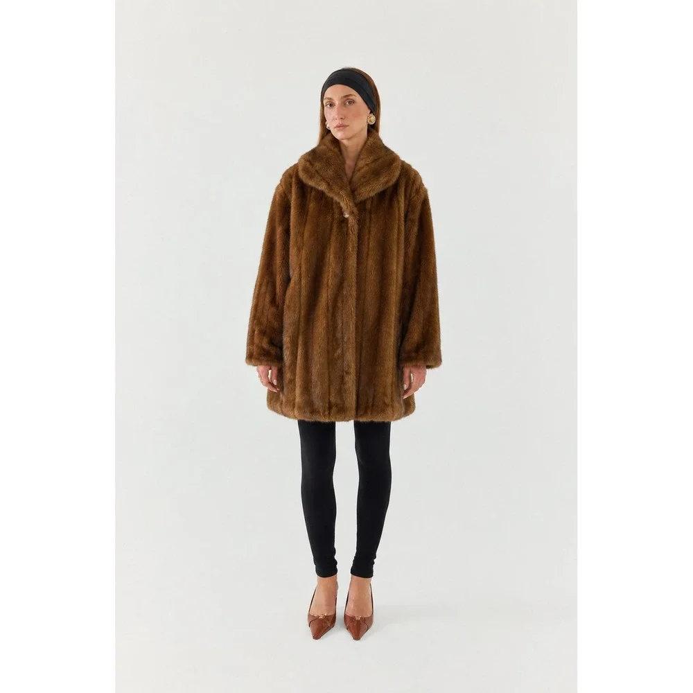 Alpine Studio Womens Faux Fur Coat Brown Mid Length Jacket Small Mob Wife Y2K